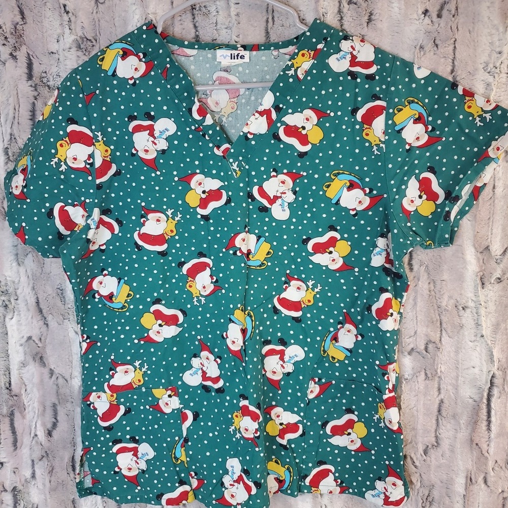 Life Christmas Santa Claus Scrub Top Green Women's Medium M V-Neck Front Pockets